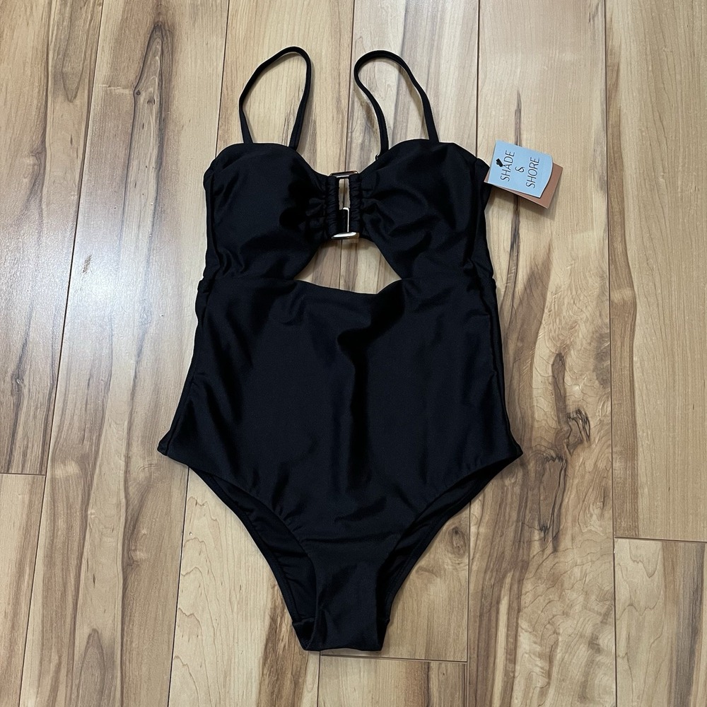 NWT Shade & Shore One Piece Shine On Buckle Sz XS Black Tummy Control Adjustable